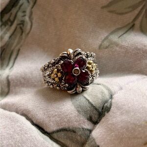 Barbara Bixby Sterling Rhodolite Garnet White Topaz 18k Gold Ring